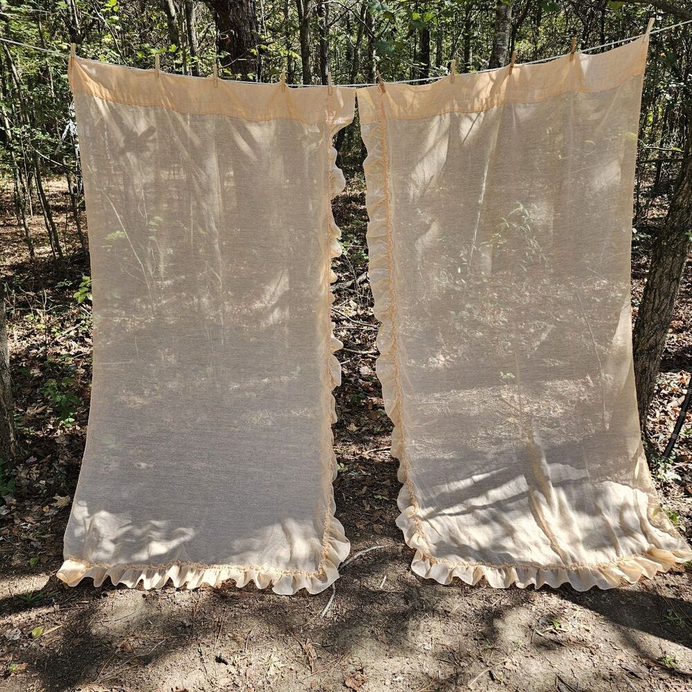 Vintage Peach Ruffled Cottagecore Curtains Pair 86” Long Shabby Chic